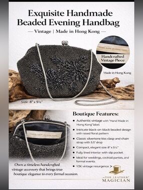 Vintage Handmade Black Beaded Evening Bag Floral Kiss Clasp Boutique Formal